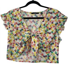 Vero Moda Floral Front Tie Ruffle Cropped Top Size Large Short Sleeve Kn…
